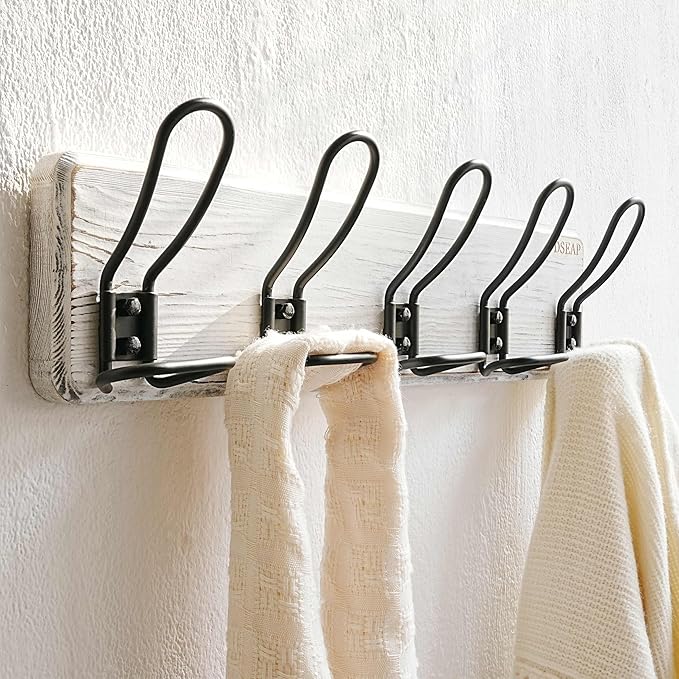 Dseap Coat Rack Wall Mounted - Heavy Duty Farmhouse Rustic Wall Coat Hanger with 5 Wire Hooks for Clothes Hat Jacket Towel, RusticWire, G25A, Whitewash & Black, Pack of 2