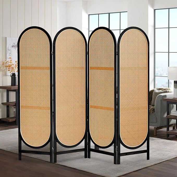 Hand-Woven Rattan Room Dividers Panel, 4 Panels Wood Room Divider and Folding Privacy Screens, Room Divider Wall Freestanding Room Partitions Screen for Home Office Bedroom, Black