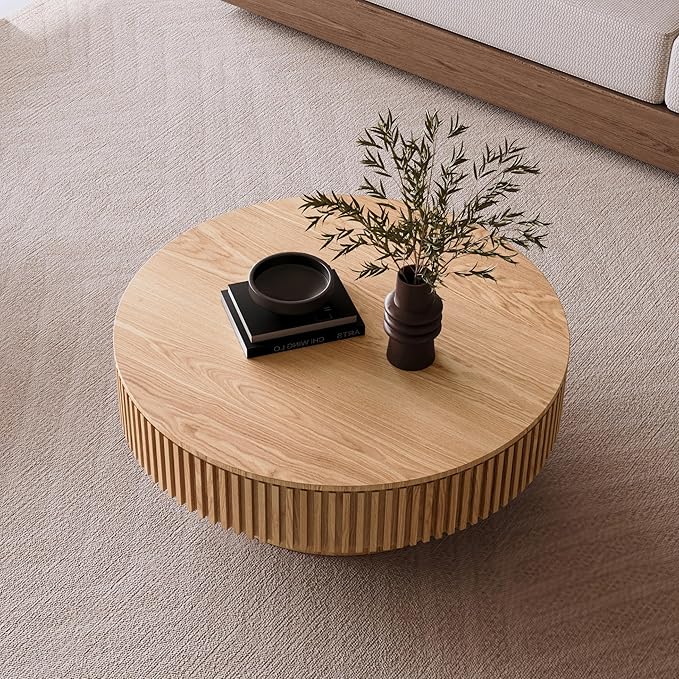39.37'' Round Coffee Table with Storage, Solid Wood Veneered Modern Drum Coffee Table Accent Tea Table for Living Room, Bedroom, Apartment or Office-Natural