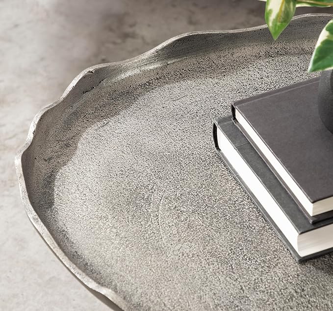 Kate and Laurel Alessia Modern Glam Oval Coffee Table, 34 x 20 x 15, Silver, Metal Living Room Table for Storage and Display with Antique Deckled Edge Detailing