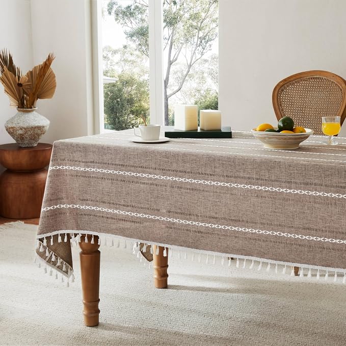 ZeeMart Hemstitched Embroidery Striped Boho Tablecloth 60x84 Inch Taupe, Heavy Weight Farmhouse Burlap Linen Light Brown Tablecloth, Wrinkle Resistant Washable Table Cloth for Rectangle Table
