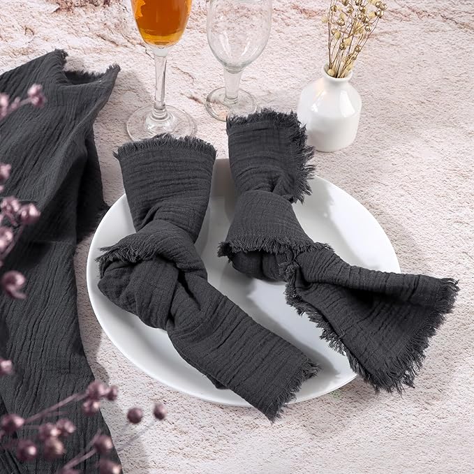 FINGERCRAFT Cloth Napkins Natural Cotton Cheesecloth Set of 12 Premium Fringe Design Dinner Napkin Soft Durable Ideal for Dining Room, Restaurant, Weddings Events Washable Good Absorbency Black