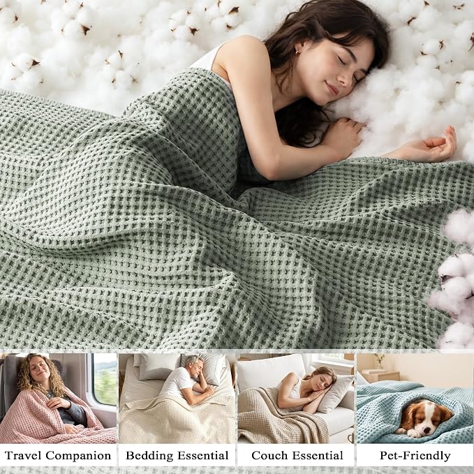 Exclusivo Mezcla Pre-Washed 100% Cotton Waffle Blanket Full Size for Bed, 330GSM Lightweight Breathable Summer Blankets, Soft and Cozy, Home Decor, Celadon, 80x90 Inches