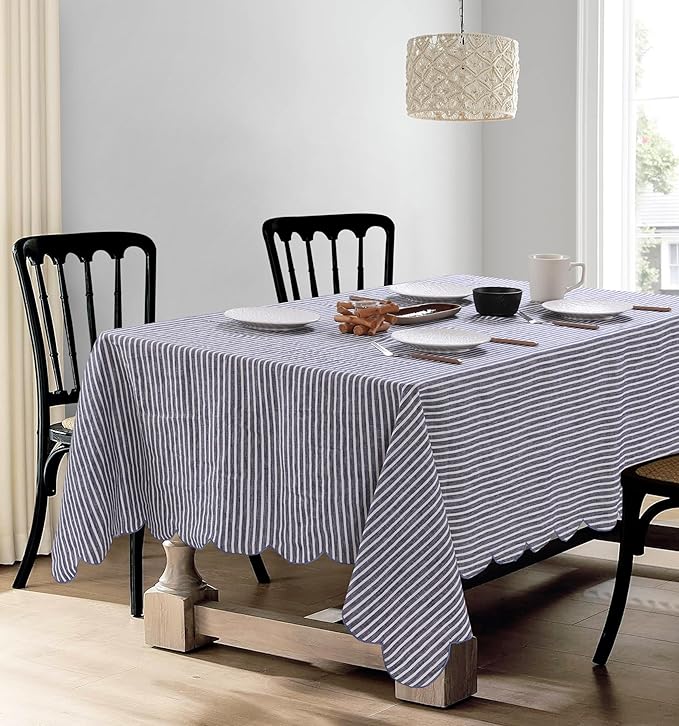 100% French Flax Linen Tablecloths Scalloped Embroidery Rectangle 84Lx60W Inch for Dinners, Parties, Spring, Machine Washable, 6-8 Sets, Blue Stripe(Edges-Blue)