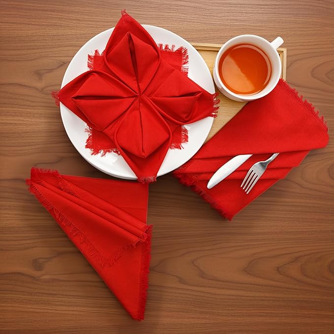 Lightnpro Cotton Napkins Set of 12, Beautiful Handmade Fringe Dinner Cloth Napkins, Washable and Reusable for Dining, Parties, Weddings, Holiday & Everyday Use - 18x18 Inch Red Color