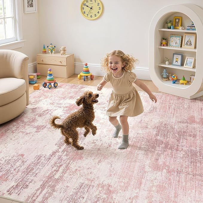 UERMEI 5x7 Area Rug Living Room Rugs - Washable Neutral Modern Abstract Soft Thin Large Rug Indoor Floor No Slip Rug Carpet for Bedroom Under Dining Table Home Office Decor - Pink