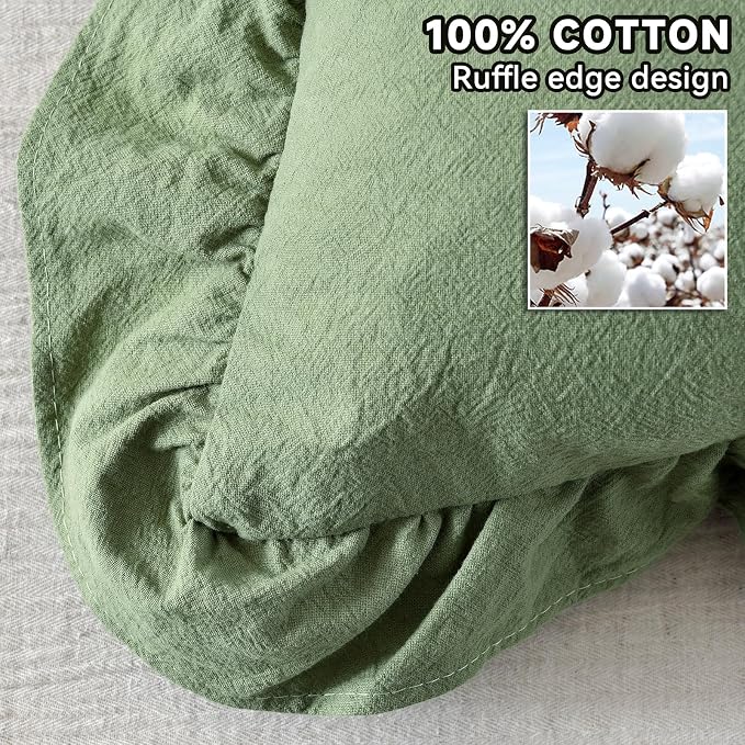 AmHoo Pack of 2 Throw Pillow Covers 100% Cotton Pre Washed Ruffle Decorative Pillowcase Cushion for Couch Sofa Bedroom 22 x 22-Inch Sage Green