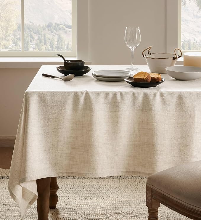 Linen Tablecloth for Rectangle Table 60x84 Inch Light Tan, Farmhouse Style Beige Tablecloth, Water Resistant Burlap Tablecloths for Dining Table Farmhouse Kitchen