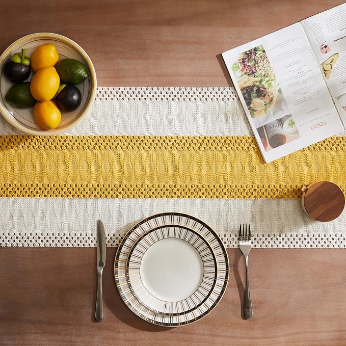 ZeeMart Macrame Style Bicolor Stitching Table Runner, 14 x 90 Inch Mustard/Ivory, Boho Yellow Table Runners 90 Inches Long, Farmhouse Woven Home Decor