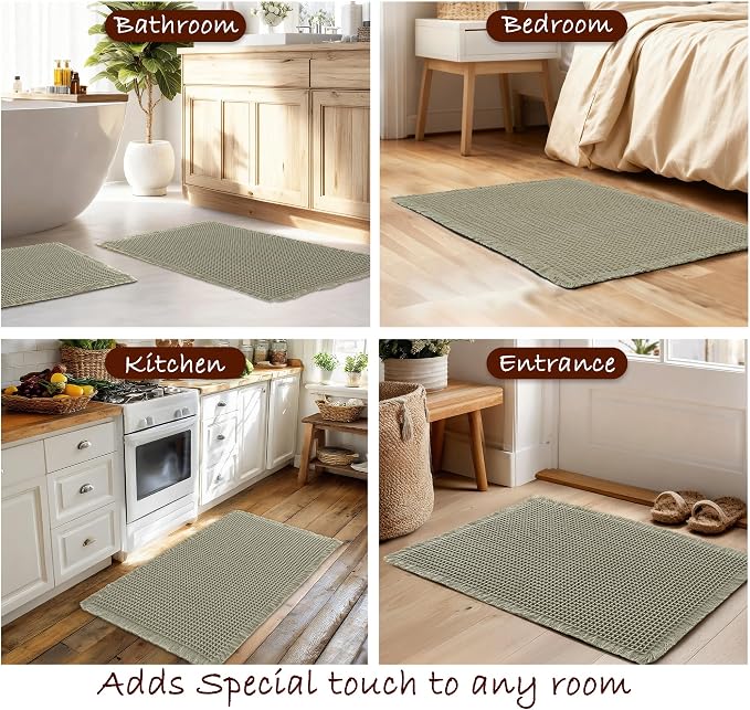 DWCN Olive Green Waffle Bathroom Mat, Boho Bath Rugs Super Absorbent Non Slip Bath Mats for Bathroom Floor, Ultra Soft Farmhouse Shower Mats for Tub and Shower, 16 x 24 Inch