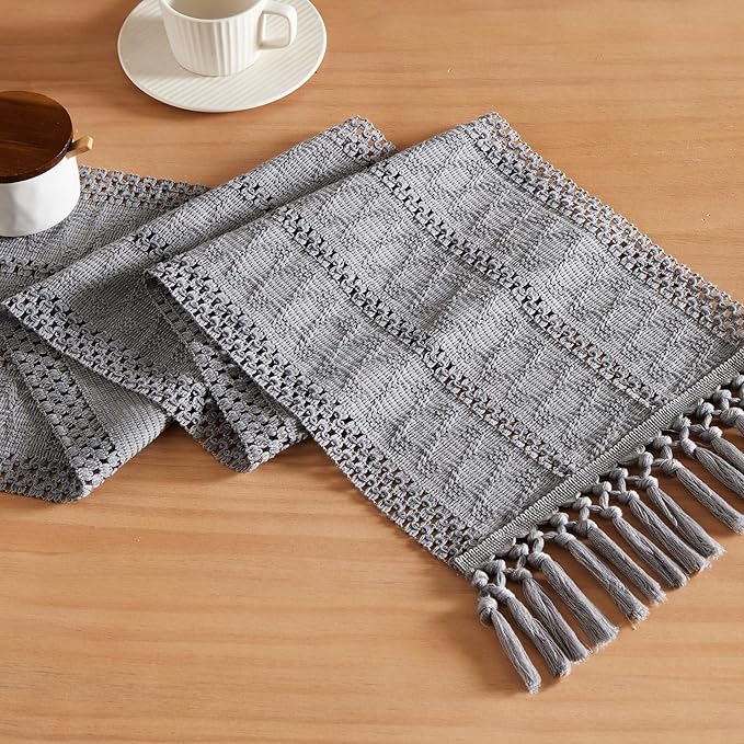 ZeeMart Macrame Style Boho Table Runner, Blue Grey Table Runners 108 Inches Long, Farmhouse Woven Home Decor, 12x108 Inch, Light Blue Grey