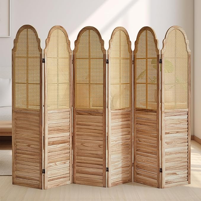 6 Panels Room Divider, Rustic Rattan Room Divider, Wood Folding Privacy Screen, Foldable Wood Divider Wall, Separate Portable Partition Screen, Wall Divider for Room Separation (Natural)