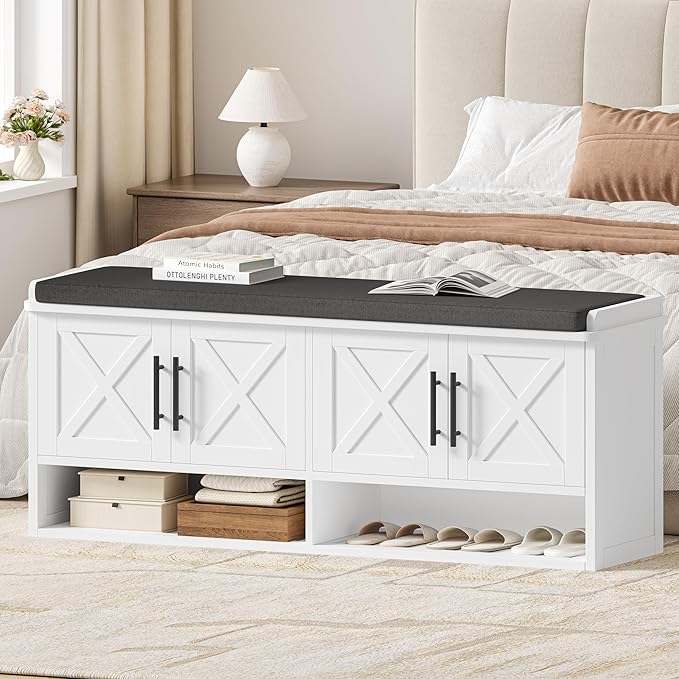 Farmhouse Shoe Storage Bench with Cushion, 47.2" Wide Entryway Bench with Adjustable Shelves and Open Bottom Shelf, Hidden Shoe Cabinet Storage for Entryway, Hallway, Bedroom White