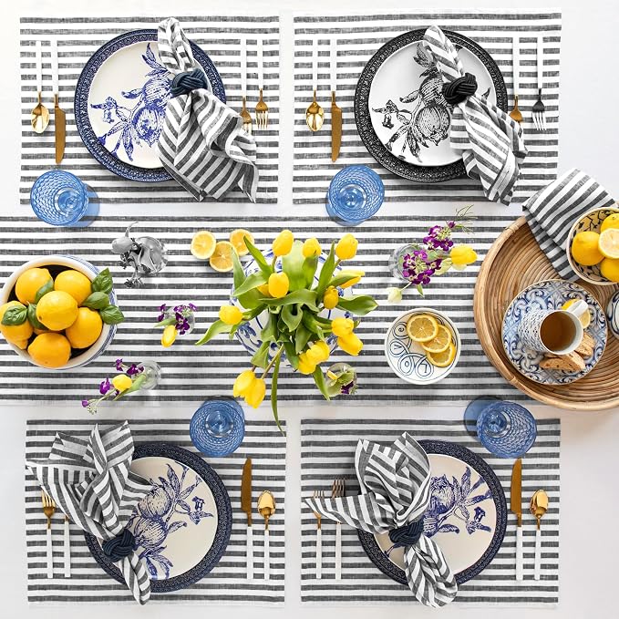 Solino Home Linen Table Runner 144 Inches Long - Amalfi Stripe, 100% Pure Linen Black and White Table Runner 14 x 144 Inch for Dining, Summer