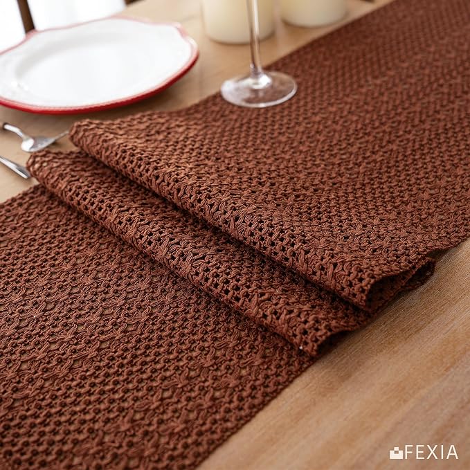 FEXIA Farmhouse Crochet Table Runner 72 Inch, Open Weave Rustic Bohemian Table Decoration with Fringe for Dining Table, Weddings, Parties, Home Living Room Entryway Decor, Coffee Brown (12x72 Inch)