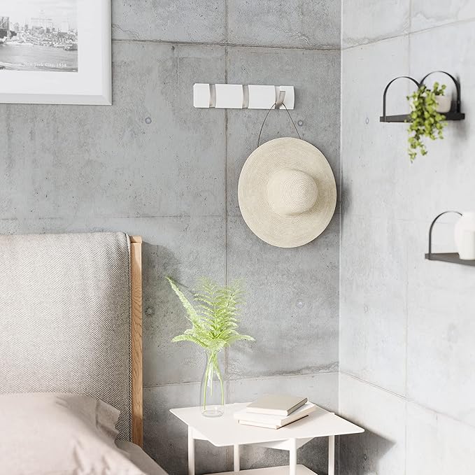 Umbra Flip Wall-Mounted Coat Rack with 3 Hooks – Modern, Space-Saving Storage for Hats, Jackets, Bags, Entryway, Mudroom, Closet, Bathroom, Bedroom – White/Nickel