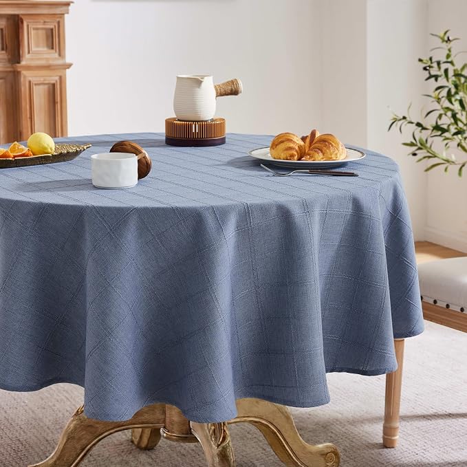 ZeeMart Linen Checked Table Cloth 52 Inches Round, Farmhouse Style Plaid Embroidered Water Resistant Table Cover, Blue