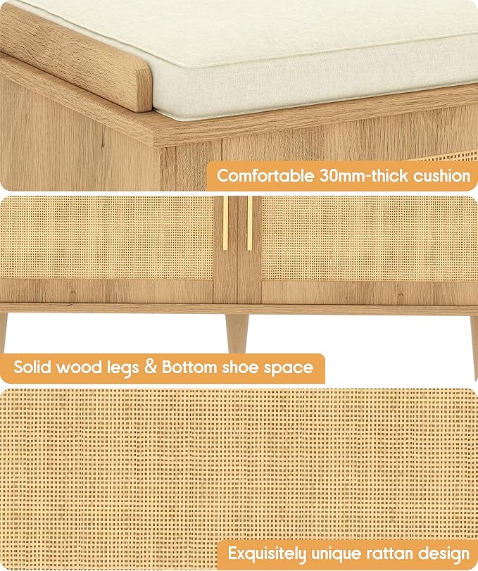 Akxomel Rattan Shoe Storage Bench with Cushion, 2-Tier Entryway Bench with Adjustable Shelves and 2 Doors, 15" D x 39.4" W x 20" H, Solid Wood Legs, for Hallway, Living Room, Bedroom, Natural Oak
