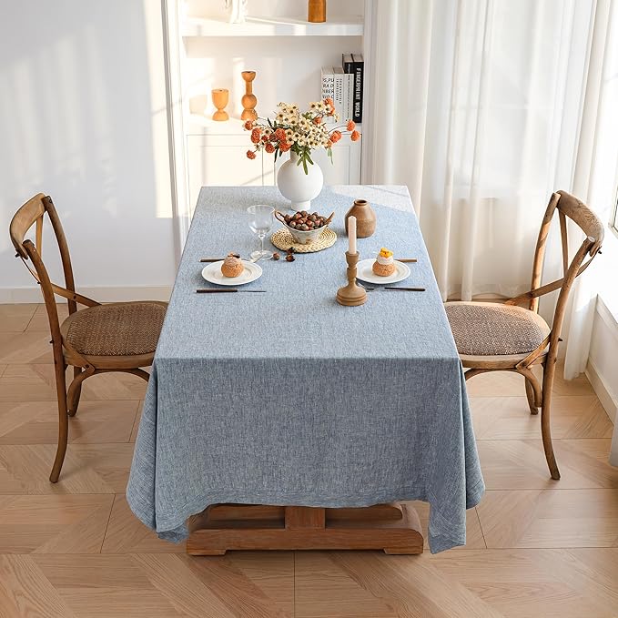 Linen World Yarn-Dyed Linen Tablecloth 60x108inch, Denim Look Table Cover, 100% French Linen Chambray Blue, Soft & Breathable Natural Flax, Washed Table Cloth for Dining & Everyday Use