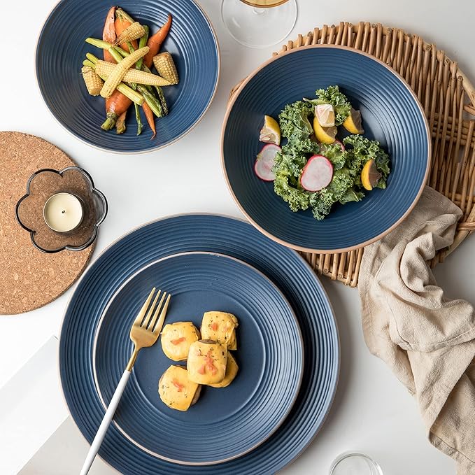 Arora RINGAR Round Stoneware 16pc Double Bowl Dinnerware Set for 4, Dinner Plates, Side Plates, Cereal Bowls, Pasta Bowls - Speckle Matte Blue (420796)