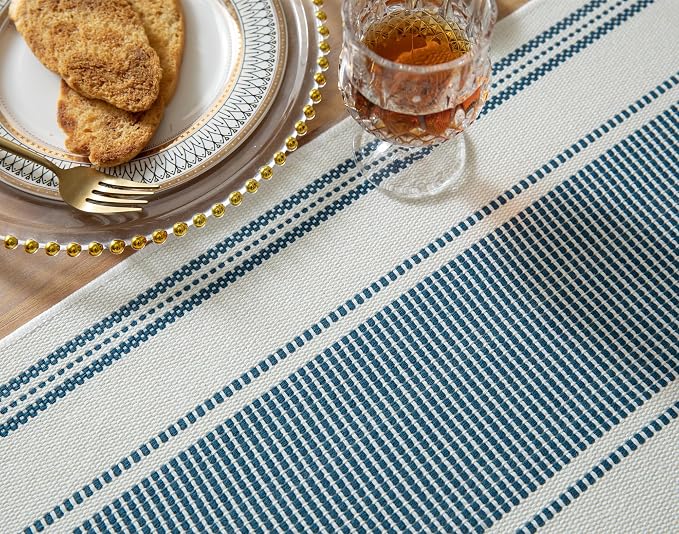 Caflife Boho Table Runner Blue and White for Modern Farmhouse Decor, Natural Cotton Woven Runner with Tassels for Home Dining Table décor 13 x 60 Inch Long