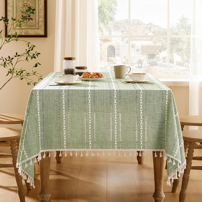 ZeeMart Hemstitched Embroidery Striped Boho Tablecloth 60x120 Inch Sage Green, Heavy Weight Farmhouse Burlap Linen Sage Green Tablecloth, Wrinkle Resistant Washable Table Cloth for Rectangle Table