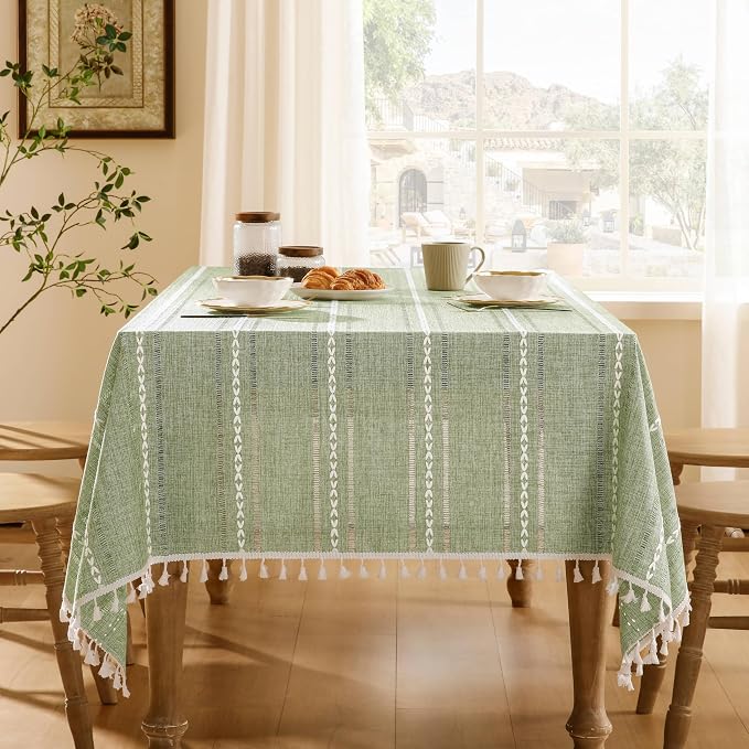 ZeeMart Hemstitched Embroidery Striped Boho Tablecloth 60x60 Inch Sage Green, Heavy Weight Farmhouse Burlap Linen Sage Green Tablecloth, Wrinkle Resistant Washable Table Cloth for Square Table