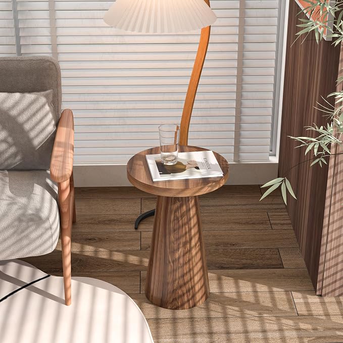 Small Round Pedestal Side Table, Wooden End Table for Living Room, Fluted Drink Table for Small Space, Modern Plant Stand Accent Table for Sofa Couch, 13.6 inch (Walnut)