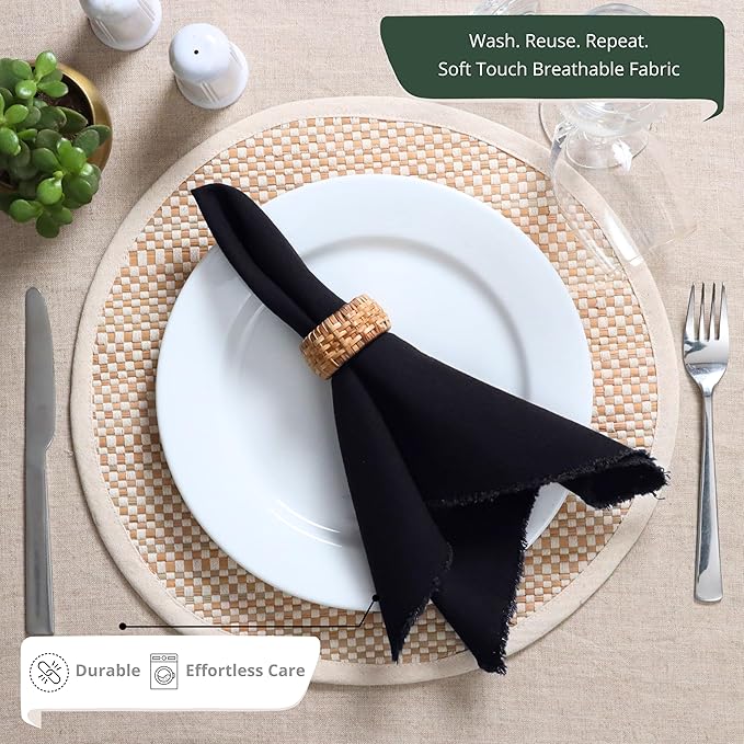 Palisa Premium Cotton Dinner Napkins Set of 12 | Black Frayed Edge Rustic Farmhouse Table Linen | Soft Washable Long Lasting Durable Cloth Serviettes for Wedding Dining Decor 18x18 Inch
