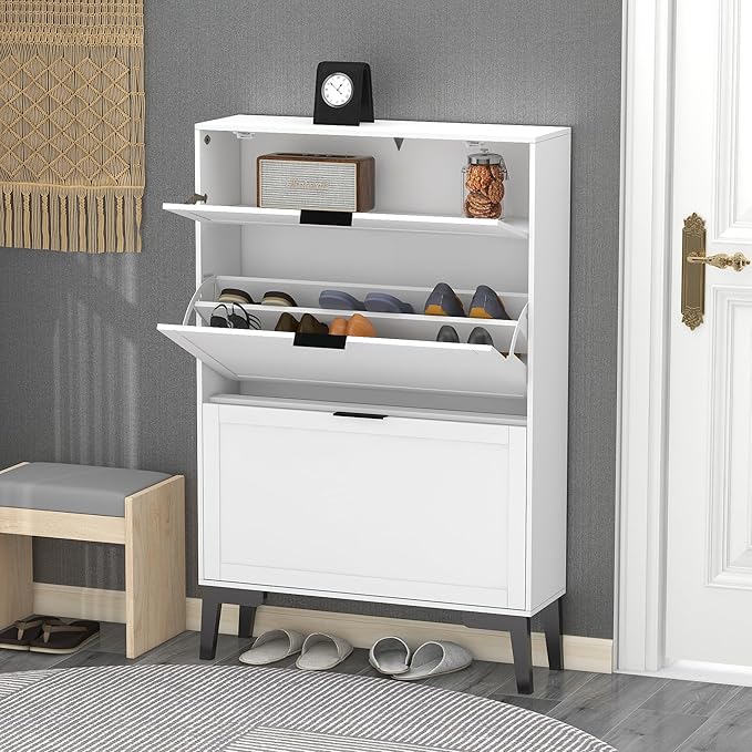 TaoHFE Wooden White Hidden Shoe Cabinet Entryway Shoe Storage Cabinet Narrow Shoe Cabinet Free Standing Shoe Rack Organizer for Closet Shoe Drawer Storage 3 Tier Rack for Front Door Entrance