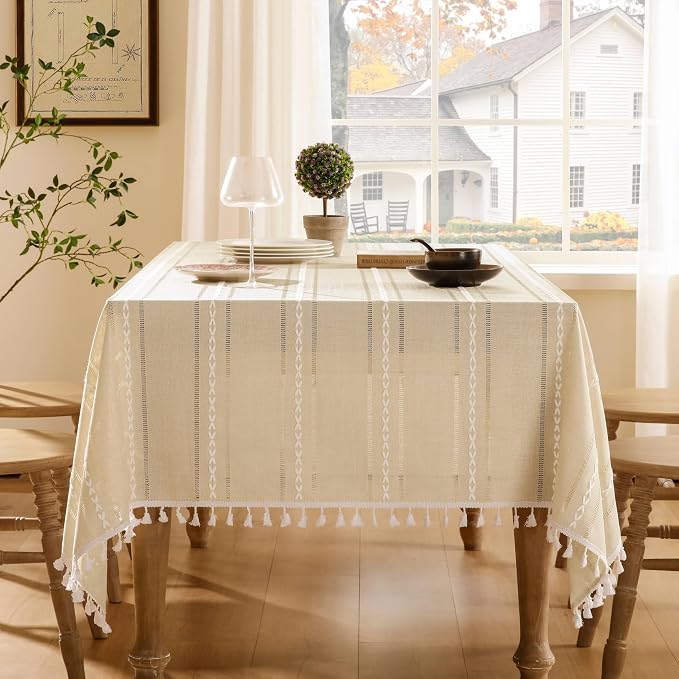ZeeMart Hemstitched Embroidery Striped Boho Tablecloth 60x60 Inch Beige, Heavy Weight Farmhouse Burlap Linen Beige Tablecloth, Wrinkle Resistant Washable Table Cloth for Square Table