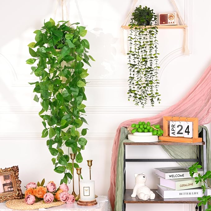 Waipfaru 2Pcs Fake Hanging Plants with Pot, Artificial Potted Faux Eucalyptus Plants Fake Vines Ivy Artificial Plants Outdoor Faux Plants Indoor Bedroom Living Room Boho Wall Porch Shelf Decor