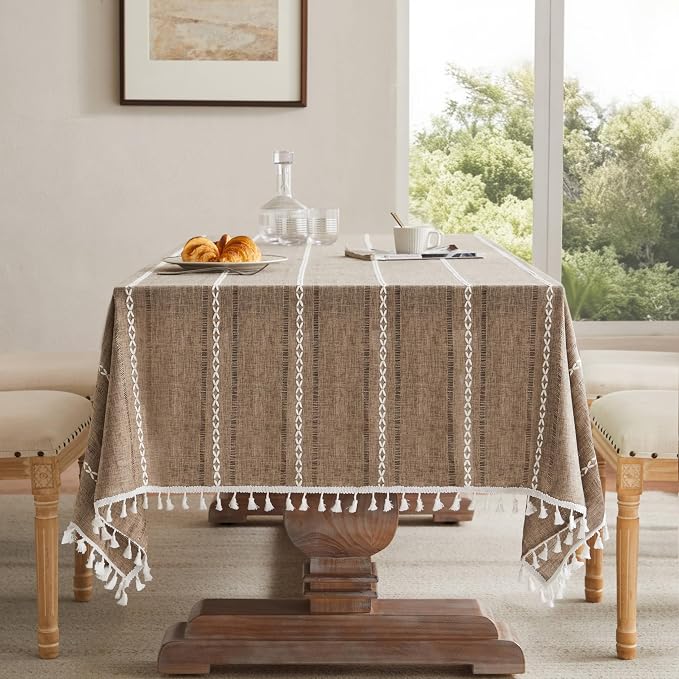 ZeeMart Hemstitched Embroidery Striped Boho Tablecloth 54x54 Inch Cocoa Brown, Heavy Weight Farmhouse Burlap Linen Brown Tablecloth, Wrinkle Resistant Washable Table Cloth for Square Table