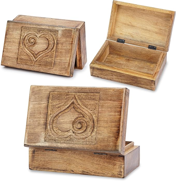 Ajuny Wooden Decorative Jewelry Box with Heart Design Carving - Multipurpose Treasure Chest Storage Keepsake Box Necklaces Watch Organizer Boxes Birthday Gifts for Women & Men 8x5 Inch