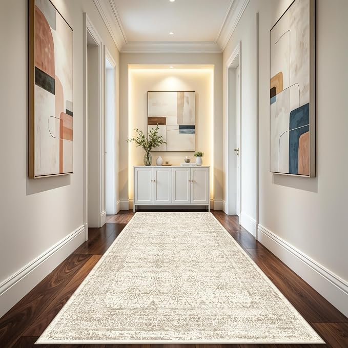4x8 Rug Indoor Kitchen Washable: Non Slip Area Rug for Entry Hallway Farmhouse Vintage Rug Runner for Bathroom Entryway Low Pile Soft Door Mat for Living Room Bedroom (Beige/Ivory 4'x8')