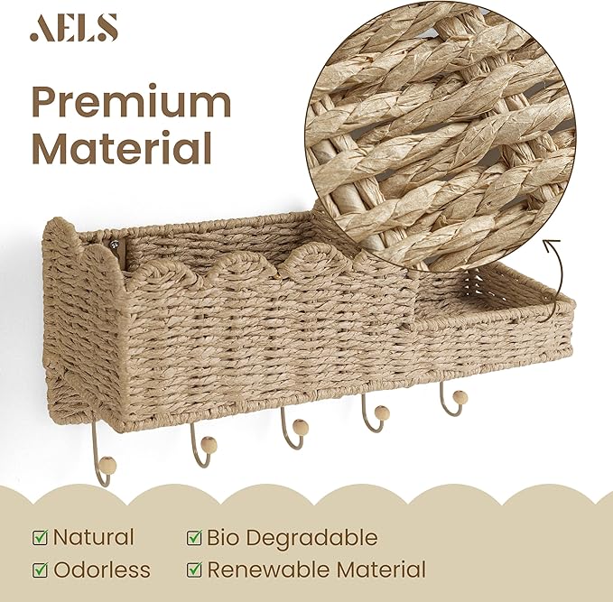 AELS Scalloped Woven Wall Mount Key Holder with 5 Hooks, Decorative Paperstraw Mail Organizer for Entryway, Wave Design Ratten Key Rack, Entryway Organizer, Living Room & Hallway Decor, Natural