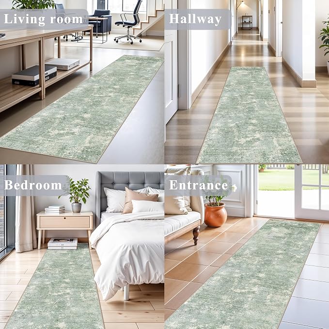 2x10 ft Washable Hallway Runner Rug – Non-Slip Long Carpet Runners for Kitchen Entryway Bedroom Living Room Bathroom,Stain-Resistant Low-Pile Modern Abstract Neutral (Sage Green,2x10)