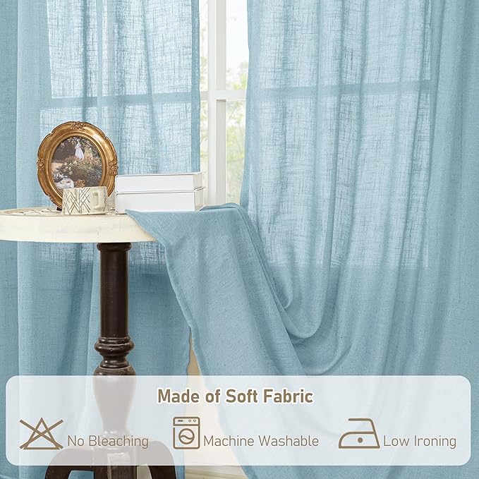 LAMIT Linen Curtains 95 Inches Long for Living Room, Back Tab and Rod Pocket Semi Sheer Panels Light Filtering Farmhouse Drapes for Bedroom/Dining Room, Stone Blue, Set of 2, 52 x 95 Inch
