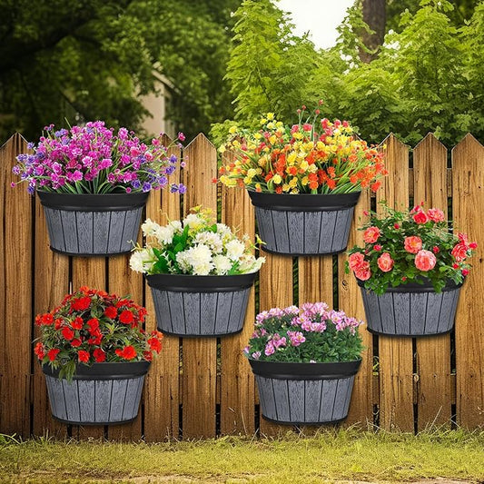 Layhit 6 Pcs Wall Hanging Planters Outdoor Pot Planter Wine Barrel Planter Distressed Oak Thickened Plastic Water Storage Flower Pots for Flower Indoor Outdoor(10 Inches,Black)