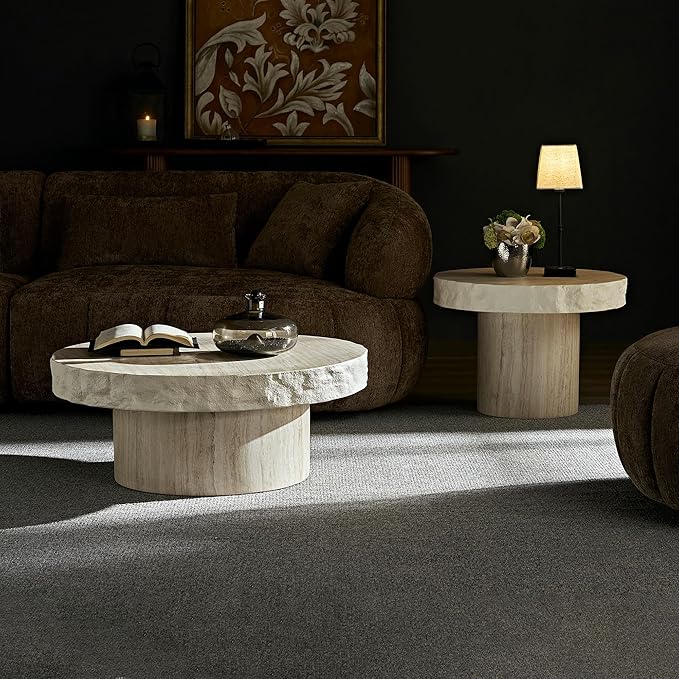 31.69" Round Coffee Table with Round Pedestal, Fiberglass Faux Marble Tabletop for Living Room, Modern Circle Center Table Tea Table for Apartment, Office, Beige Mars Pattern