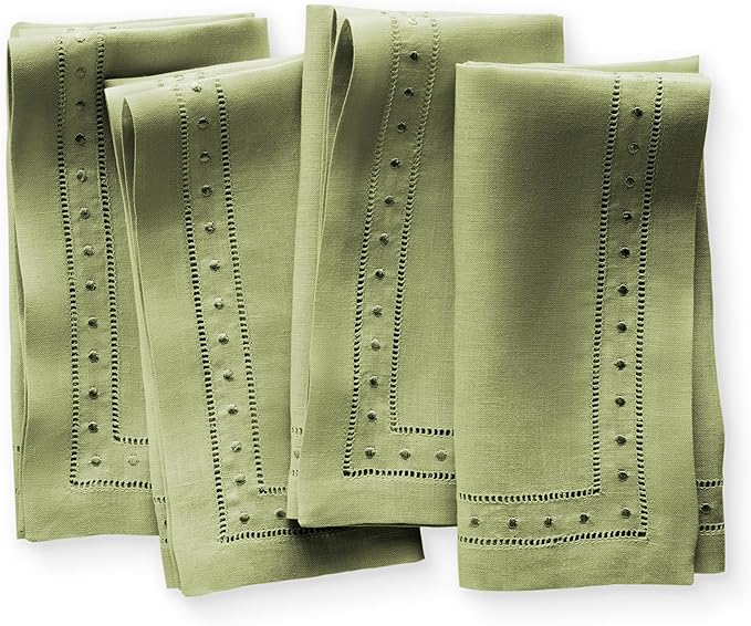 Linen Napkins 18 x 18 inch - 100% Flax Linen Olive Green Dinner Napkins with Embroidered Dot 18 x 18 inch - Hemstitch Cloth Napkins Washable for Easter Day and Spring Holiday