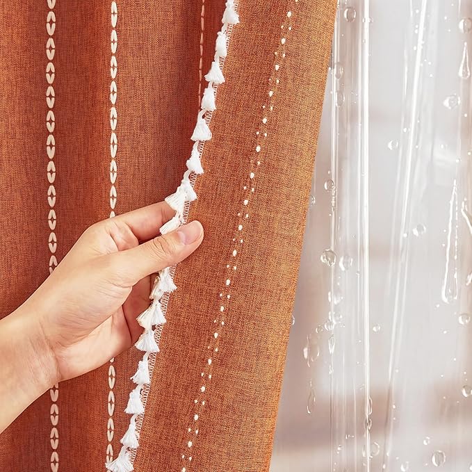 BTTN 3 in 1 Shower Curtain with Liner, 78 Inch Long Boho Linen Striped Cloth Shower Curtain Set with Hook, Large Rustic Farmhouse Bohemian Waterproof Fabric Curtain for Bathroom, Burnt Orange, 72x78
