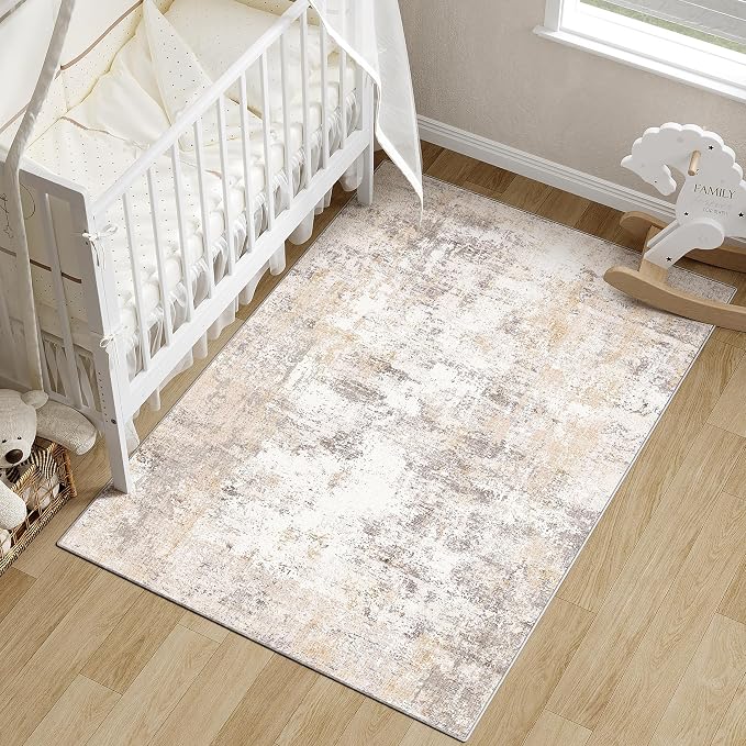 3x5 Washable Area Rug Beige Grey Abstract Non Slip Soft Low Pile Rug for Entryway Kitchen Bathroom Neutral Modern Throw Carpet for Living Room Bedroom Home Decor