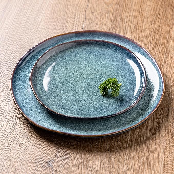 AmorArc Ceramic Dinner Plates Set of 6, 10.5 Inch Handmade Reactive Glaze Stoneware Plates, Rustic Shape Dinnerware Dish Set for Kitchen, Microwave & Dishwasher Safe, Scratch Resistant