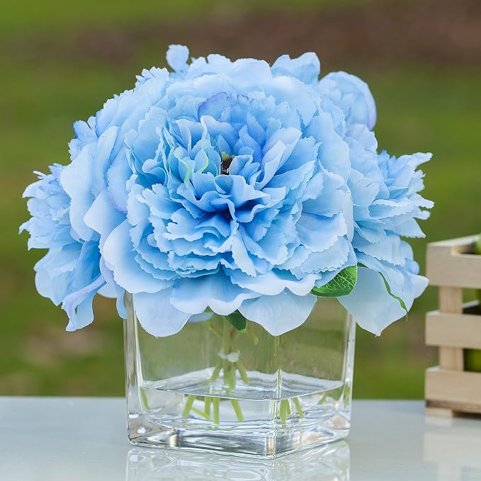Silk Peony Flowers Arrangements in Cube Glass Vase with Faux Water for Home Table Wedding Centerpiece Decoration (Blue)