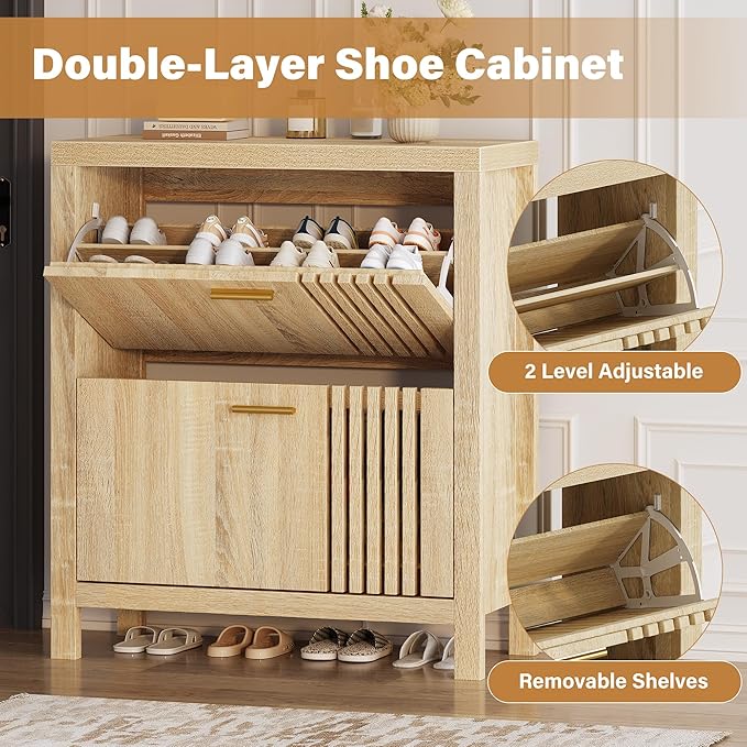 Shoe Storage Cabinet for Entryway with 2 Flip Drawers, 31.5" Narrow Fluted Shoe Organizer Cabinet, Slim Wooden Shoe Rack Cabinet, Freestanding Hidden Shoe Cabinet for Hallway, Entrance (Natural Oak)
