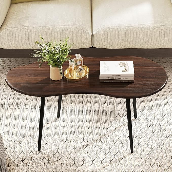 Giantex Small Coffee Table, 39.5" Cloud Center Table with Metal Frame, Unique Irregular Accent Cocktail Tea Table, Modern Wood Coffee Table for Living Room, Small Spaces (Walnut)