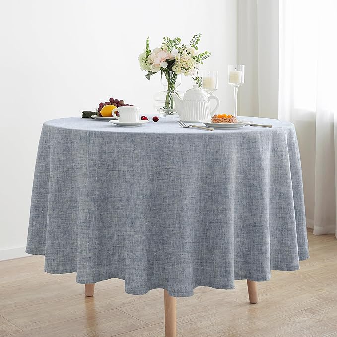 Linen World Yarn-Dyed Linen Tablecloth Round 90inch, Denim Look Table Cover, 100% French Linen Chambray Blue, Soft & Breathable Natural Flax, Washed Table Cloth for Dining & Everyday Use