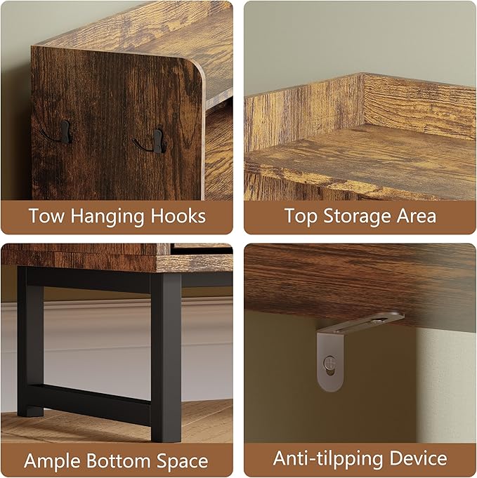 Shoe Cabinet with 3 Flip Drawers, Freestanding Hidden Shoe Storage Organizer for Entryway, Narrow Slim Shoe Rack Cabinet with Open Storage & Hooks for Front Door Entrance, Living Room, Hallway, Brown