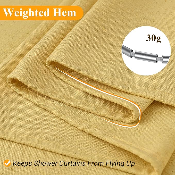 Naturoom Yellow Linen Shower Curtain, Country Boho Farmhouse Bath Decor Shower Curtains Neutral Cloth Weighted Textured Fabric Bath Curtain Liner with Hooks, 72x80